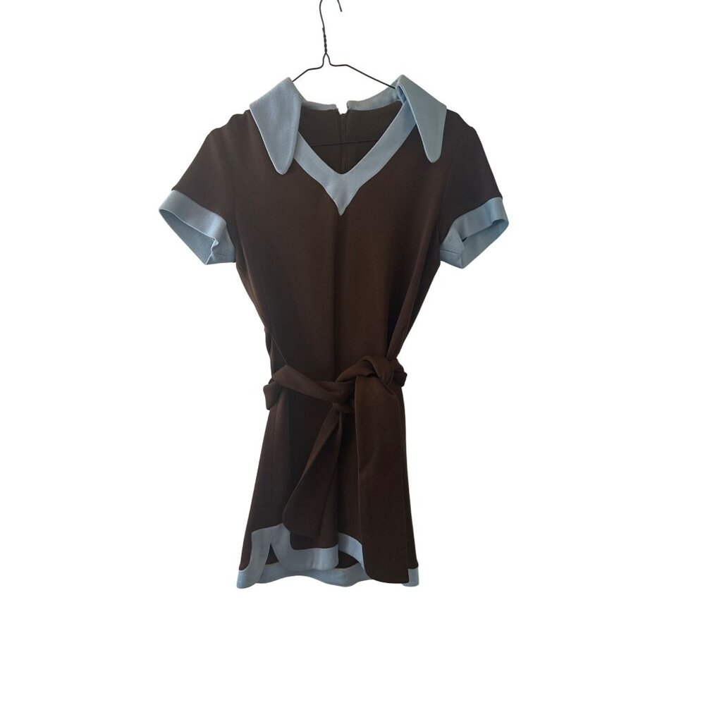 Vintage 60s Brown & Light Blue Short-Sleeve Tunic With Belt Polyester Retro